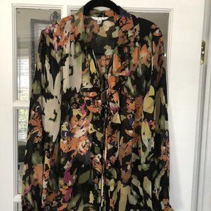 Floral Cascading Ruffle Front Tie Blouse M EUC